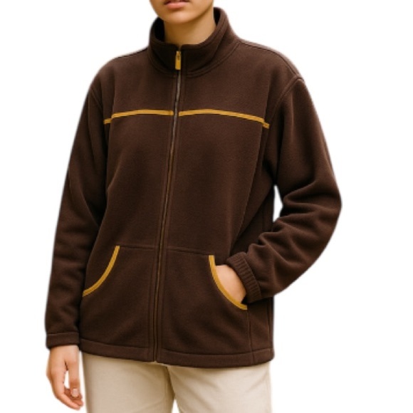 STOOKER  Fleece Zippered Jacket Dark Brown Contrast Trim Pockets 46 14 - Picture 1 of 11